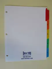 100 SETS # 1-5 Numbered index tab dividers, Colored tabs collated $.79 per set