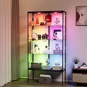 Stacked Glass Display Cabinet With 3 RGB LED Light,15 Colours,5mm Tempered Glass Door 4 Tier 2 Doors, Standing Show Case Cupboard Clear Display Platform Home Organizer Cabinet for Bedroom, Living Room