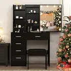 Dresser Desk 6 Drawers Dressing Table And Stool Set Black Vanity With LED Mirror