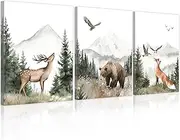 Nursery Wall Art Wild Woodland Animals Wall Decor Deer Bear Fox Watercolor Pictures Paintings Prints Adventure Theme Canvas Posters for Boys Bedroom Girls Living Room 12x16 inches 3Pcs Framed