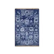 2'1"x3'2" Blue Wool and Silk Hand Knotted Tebraz with Leaf Motifs Mat Rug G91228
