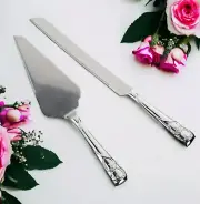 Silver Cake Server & Knife Set Crystal Double Hearts Handles- Wedding Engagement