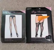 Leg Avenue Black Fishnet Tights Backseam & Lace Top Sheer Stockings Garter Belt