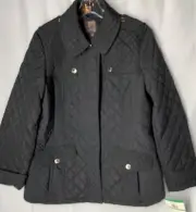 Anne Klein Black Woman’s Coat Full Zip Large Checkered Pattern 2 Front Pockets