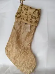 Christmas Beaded Stocking Gold Color And Thread Hand Stitched