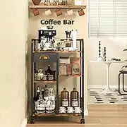 keomaisyto Coffee Cart with Storage Drawer, Coffee Bar Cabinet with Wheels, 4-Tier Adjustable Mobile Coffee Table, Rustic Wood Coffee Bar Station for Kitchen/Entrance/Living Room/Dining Room