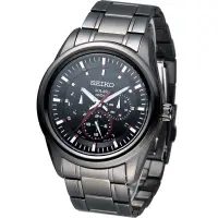 在飛比找蝦皮購物優惠-近全新SEIKO 太陽能三眼腕錶-時尚黑42mm(SNE35