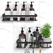IHKFILAN Shower Shelf Self Adhesive Bathroom Shelves Basket Space Aluminum Shower Caddy No Drilling with 4 Hooks Rustproof Waterproof and Easy Mount Wall Mounted Storage Shelves Black
