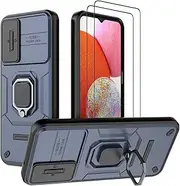 [DERHAN] Case for Samsung Galaxy A14 4G / A14 5G, Armour Case with Protective Film [Pack of 2] + Slide Camera [Camera Protection], Protective Shockproof Mobile Phone Case with Ring Stand - Blue