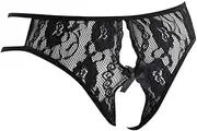 [Generic] Satin Chemise Long Lace G-Strings Women Slips Open Underwear Bow Sexy Crotch Briefs Black Dessous Clause Outfit for Women