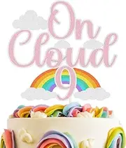 Glitter On Cloud 9 Cake Topper, Rainbow Cake Topper, Happy 9th Birthday Decor, Dreamy Gradient Color Nineth Birthday Party Decoration for Girls