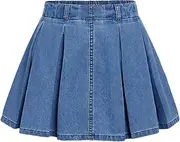 [Verdusa] Girl's Pleated Denim Skirt Elastic Waist A Line Flared Mini Skirt