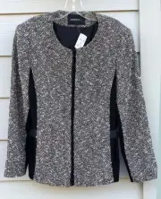 Lafayette 148 Jacket Grey Black Tweed Wool Size 14 Zipper Faux Leather NWT