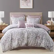 Comfort Spaces Cozy Comforter Set-Modern Classic Design All Season Down Alternative Bedding, Matching Shams, Bedskirt, Decorative Pillows, King, Kashmir Paisley Purple 8 Piece