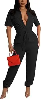 [ZonJie] Women's Summer Casual Jumpsuits Short Sleeve Button Up Cute Loose Drawstring Waist Wide Leg Jumpsuit Romper, 923black, Small