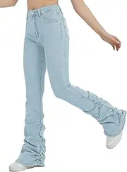 [EXARUS] Girls Stacked Flare Jeans High Waisted Denim Bell Bottom Bootcut Casual Kids School Ruch Pants with Pockets 8-14Y