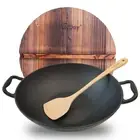 14 Inch Cast Iron Wok with Lid Non Stick Pre Seasoned Woks Stir Fry Pans with 2
