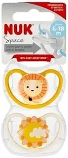 NUK Space Baby Dummy | 6-18 Months | Pacifiers with Extra Ventilation for Sensitive Skin for Sensitive Skin | BPA-Free Silicone | Lion | 2 Count