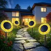 Solar Pathway Lights - 4 Pack LED Sunflower Garden Light, Waterproof Outdoor Decor for Wall, Lawn, Yard, Walkway, Patio, Landscape