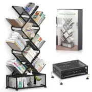 9 Tier Folding Tree Bookshelf, Tall Bookcase with Storage Cabinet, Modern
