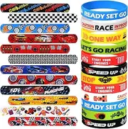 Lorfancy 48 PCS Race Cars Party Favors Slap Bracelets for Kids Boys Rubber Bracelets Silicone Wristbands Checkered Flags Car Racing Games Birthday Party Supplies Decorations, non