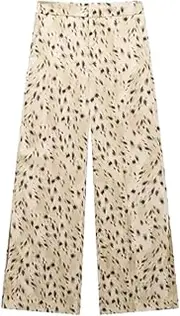 [Generic] Women's Thin Leopard Print Long Sleeved Shirt Set with Collar and Single Breasted Shirt, High Waist and Wide Leg Pants Set