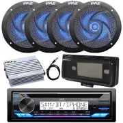 Marine Bluetooth CD Radio, Amp, Antenna, 4x 4" Blue LED Speakers,Cover (Black)