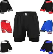 [2BOLD] MMA Shorts Men’s 2 in 1 Jiu-Jitsu Built in Compression Lining Athletic Gym Boxing Muay Thai BJJ No-Gi Grappling Shorts