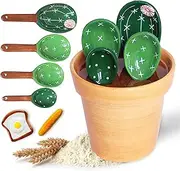 LeoLeoyy Cactus Measuring Spoons Set in Pot with Stand,Ceramic Cacti Measuring Spoons Set with Measuring Cup for Baking,Salt,Sugar (Pure Green) (Green)
