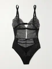 [COCO DE MER] COCO DE MER - Athena Cutout Embroidered Tulle And Satin Bodysuit - Black - medium medium Black