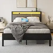 FOUBAM Queen Size Bed Frame with LED Lights and Charging Station, Queen Bed Base Heavy Duty Metal Bed with Fabric Storage Headboard,Solid and Stable, Metal Slats Support,Mattress Foundation (Black)