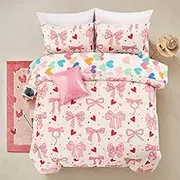 A Nice Night Full Size Bed in A Bag Bow Comforter Set for Kids,Quilt Bedding Set with Love, Chic Bowknot & Polka Dot Pattern,Beige Room Decor for Girls