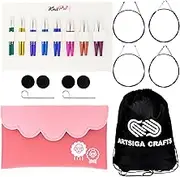 KnitPro Zing Mini Set 2 inch Circular Knitting Needles Size 2.5, 4, 5, 6, 7, 8, 9, 10 Interchangeable, 4 Cables, 4 Caps, 2 Keys, Fabric Case Bundle with 1 Artsiga Crafts Project Bag
