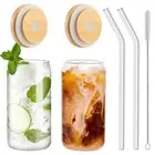 Drinking Glasses with Bamboo Lids and Glass Straw 2PCS Set 16oz Can Shaped Gl...