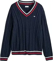 [GANT] Unisex Kid's Striped Cable V-Neck Pullover Sweater