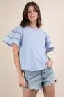 VERY J Lace Trim Sleeve Light Blue Cotton Flutter Sleeve Top Size S/M/L