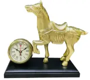 Antique Table clock analog horse statue Wood base vintage brass christmas gift