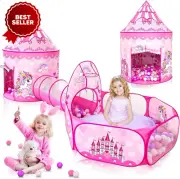 3 PCS Princess Tent for Girls w Ball Pit and Crawl Tunnel for Toddlers, Pink Pla
