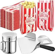 502 Pieces Popcorn Machine Supplies Set Includes 500 Pcs 1oz Red and White Popcorn Bags Bundle Scoop and Stainless Steel Seasoning Dredge with Handle and Lid Season Salt Shaker