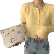 Corduroy Makeup Bag Cute Smile Dots Face Case Handbag with Zipper for Women-Beige