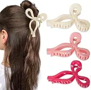 Bow Claw Clips, 3 Pieces Hair Clips, Hair Bows, Large Hair Clip for Thick Hair, Claws Band, Stylish White Pink Ribbon Claws Clips for Women Girls 13 cm