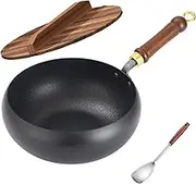 Japanese Uncoated Iron Pan, 9.45 inch Hand-Forged Non-Stick Iron Pan Without Coating, Healthy Pot with Wooden Lid, for Cooker Gas Stir Fry Pans Round Bottom