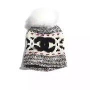 Chanel REV Black White Red Pom Pom Wool CC Logo Knit Cloche Beanie Winter Hat