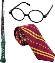 SlowTon Wizard Costume Accessories Set - 3PCS Magic Wand Cosplay Costume with Novelty Wizard Glasses Striped Tie and Magic Wand for Kids and Adults Dress Up for Birthday Halloween Dress Up Party