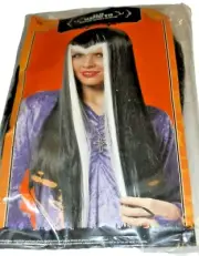 New Womens 24" Long Wig Black White Streaks Halloween Costume Vampire Witch