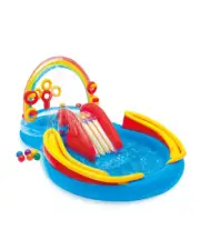 Inflatable Rainbow Ring Play Center with Slide, Water Sprayer & Games for Kids