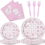 96PCS Pink Silver Disco Party Plates and Napkins Pink Disco Birthday Party Decorations 70s Pink Theme Party Tableware Set Serves 24 Guests Girls Ladies Women Baby Shower Wedding Birthday Party Favors