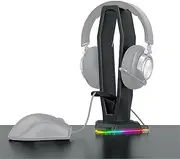 4 in 1 RGB Headphone Stand Desktop PC Gaming Over-Ear Headset Holder Display Shelf with Mouse Bungee, RGB Light, 4 USB Port Hub, Esports Gamers Gaming Accessories Black