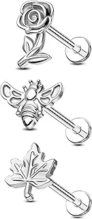 [Jewseen] 3Pcs Bee Cartilage Earrings 16g Internally Threaded Conch Piercing Jewelry 316L Stainless Steel Helix Earring Gold Rose Tragus Studs Leaf Lip Ring for Women Men