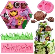 Jungle Safari Animal Fondant Molds, Forest Woodland Wild Animals Silicone Chocolate Cupcake Topper Cake Decorating Mold Gumpaste Sugar Craft Tools (Elephant Lion Giraffe Monkey Zebra Hedgehog Grass)
